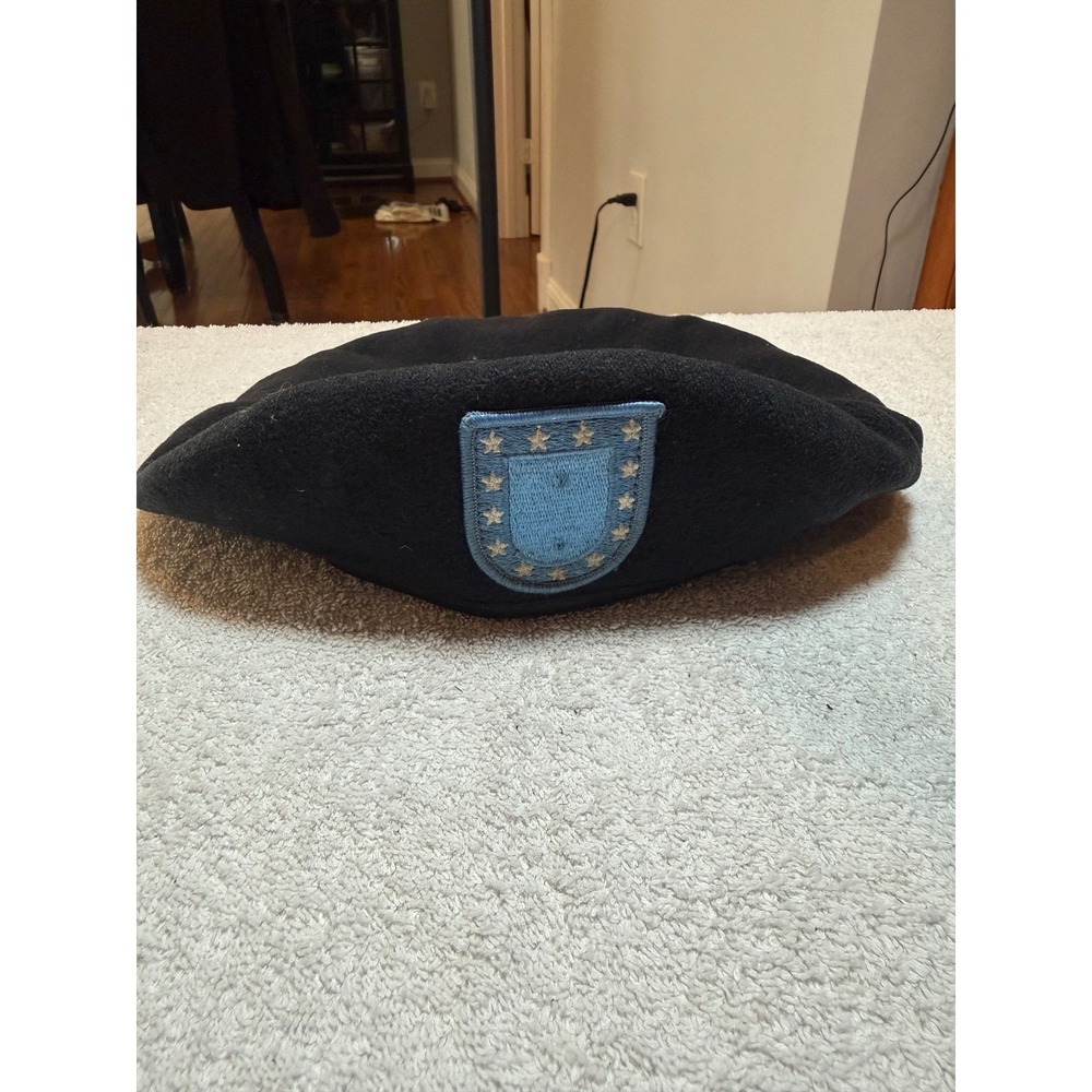 US Army Black Wool Beret Hat Size 7 3/8 DA Flash Patch 2002 Issue